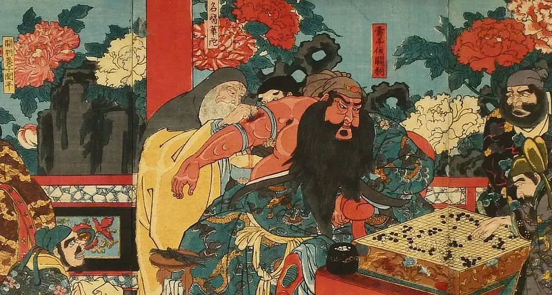 dipinto del medico Huatuo che cura la ferita del Signore Guan Yu mentre lui gioca a dama