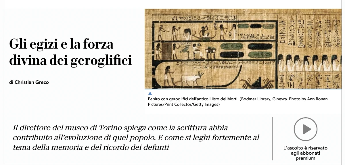 Screenshot del titolo dell'articolo di Christian Greco su Repubblica Gli egizi e la forza divina dei geroglifici